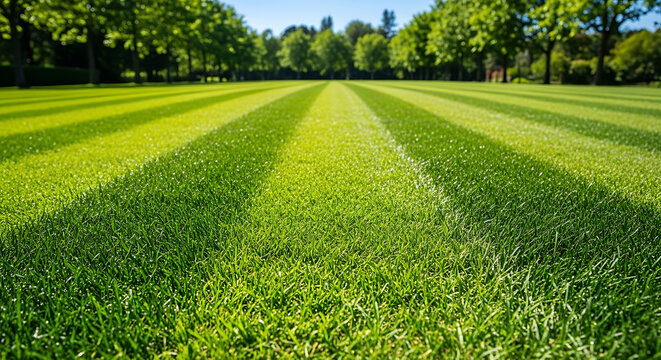Beautifully manicured green lawn with professional stripes in a sunny summer garden landscape