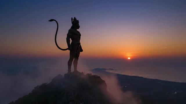 Majestic Lord Hanuman Statue Overlooking Coastal Landscape at Sunset, Symbolizing Divine Strength and Devotion
