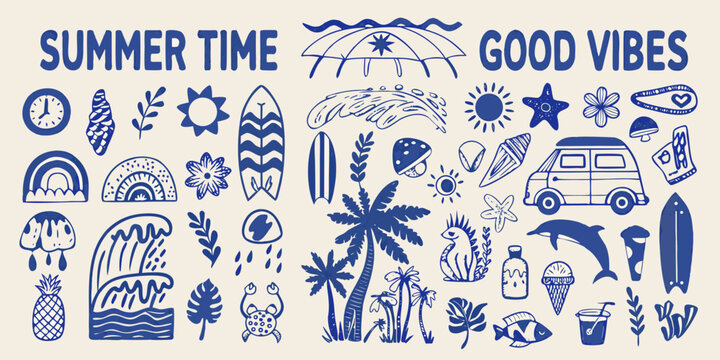 summer surf and beach elements in retro line art style surfboard palm tree umbrella sun waves dolphin