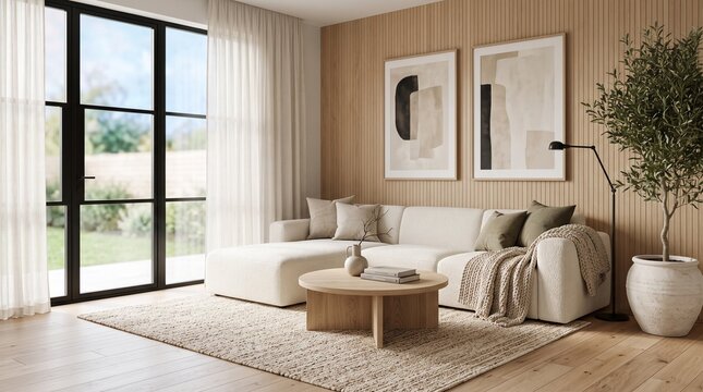 Modern minimalist living room with beige couch with wooden coffee table wood paneling walls interior design abstract art light wood home decor
