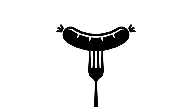 Sausage on fork, food icon, black silhouette, flat design, culinary symbol