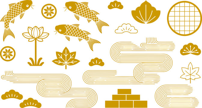 Japanese koi fish and floral motifs with abstract wave patterns and stairs carp asian