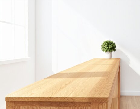 Wooden countertop in bright modern interior with window and natural sunlight