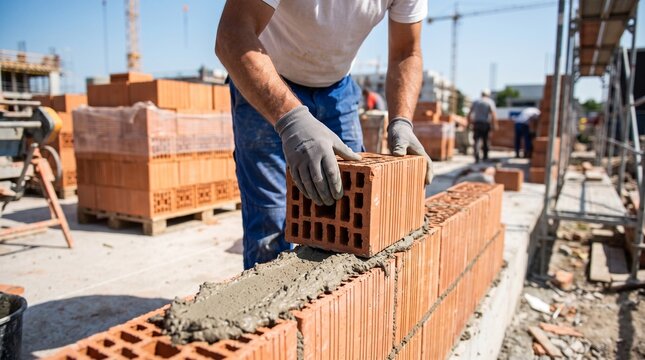 Man in gloves laying bricks on construction site with wall under construction gloves placing brick brick top blue sky equipment building with industry