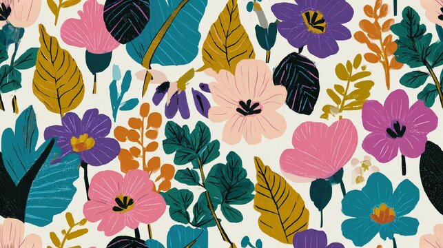 Botanical illustration featuring a vibrant craft maximalism pattern with stylized flowers and leaves in bold colors on a seamless textile design
