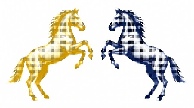 Pixelated yellow and blue horses rearing up on hind legs with facing each other one yellow one two pixelated illustration opposites graphics
