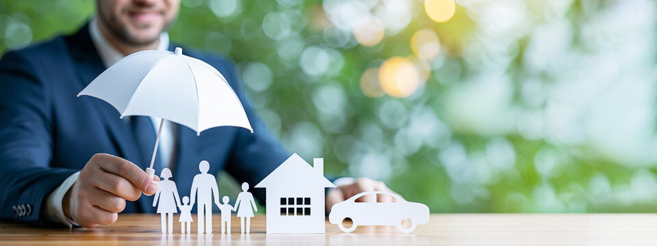 Caucasian male insurance broker in navy suit holds white umbrella over paper cutouts of family, house, and car on wooden desk with blurred background