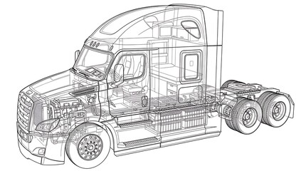 Fototapeta premium Technical wireframe of a heavy duty semi truck tractor