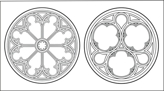 Medieval rose window patterns, decorative Gothic architecture vector line art collection