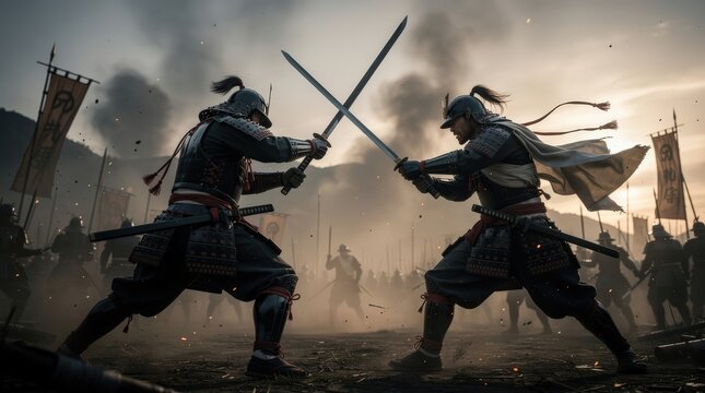 Two armored samurai warriors clash swords in a dramatic battle scene amid a smoky battlefield with banners and a looming figure in the background.