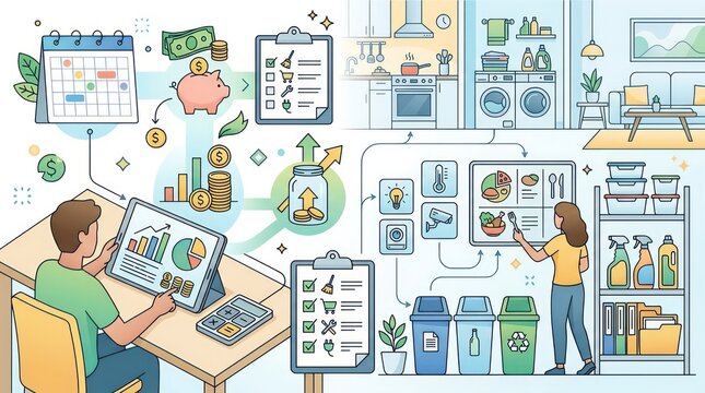 Illustration of personal finance management and sustainable household organization with digital tools.