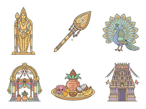 Indian cultural icons with Hindu deity statue and temple