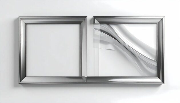 Two empty picture frames side by side, one with abstract art.