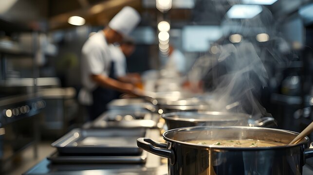 Professional chefs preparing gourmet food in a commercial restaurant kitchen with steaming stainless steel pots