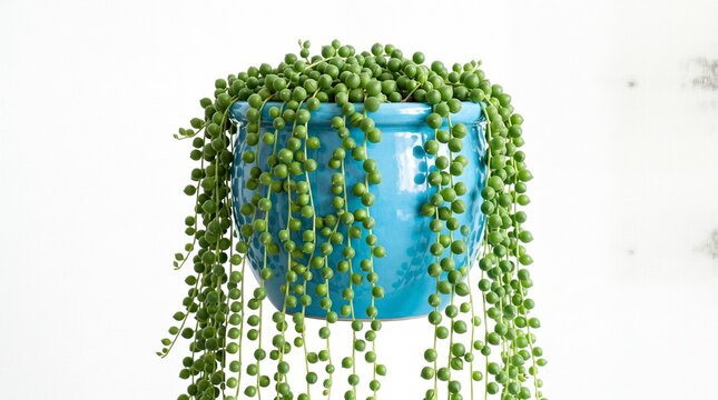 Lush green string of pearls succulent plant inside a vibrant blue ceramic pot on white background