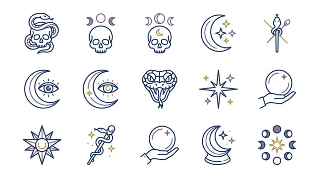 Mystical and Esoteric Symbols Collection in Line Art Style.