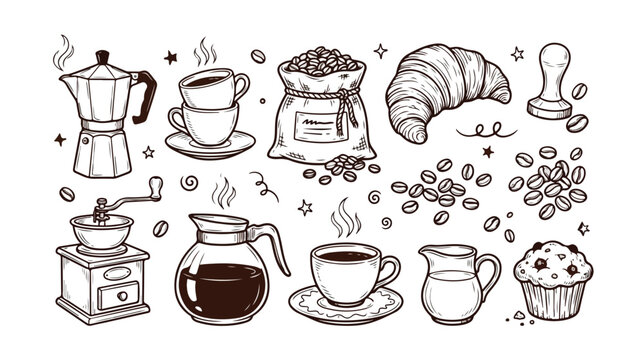 Hand-drawn coffee shop vector illustration set, steaming hot coffee drinks, fresh baked goods, and coffee bean elements, perfect for cafe menus and branding