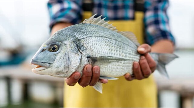 Fresh fish with detailed scales and fins held by fisherman wearing yellow apron outdoor dock market scene with blurred water