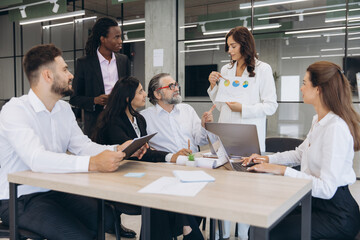 Fototapeta premium Business team presenting data analysis to diverse colleagues, collaborating on corporate strategy during a meeting