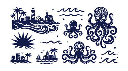Nautical marine vector collection, deep blue ocean themed graphic elements, decorative octopus and sea waves, coastal landscape illustrations for summer designs © Abida