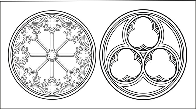 Gothic cathedral rose windows, ornamental circular tracery vector outline illustration collection design