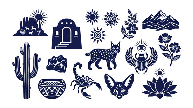 Desert animal and plant vector icon set, featuring saguaro cactus, scorpion, lynx, fennec fox, and lotus flower. Southwestern landscape and nature elements