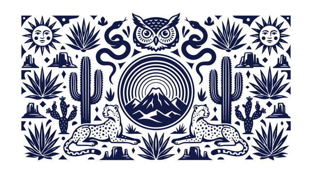 Desert wildlife vector illustration, stylized Southwestern nature pattern, Aztec-inspired animal and plant graphic, intricate desert landscape design for branding and textiles