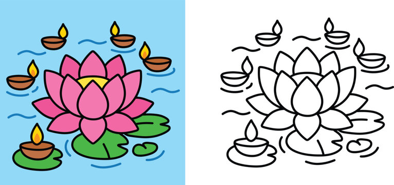 Lotus flower with floating diya lamps vector illustration, coloring book page template with colored and outline version for kids activity, Diwali festival theme concept