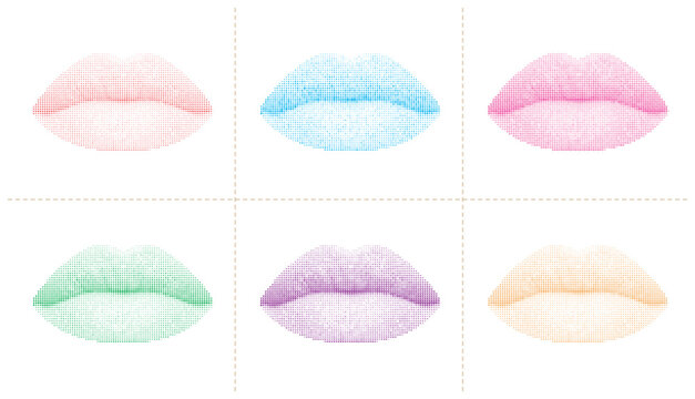 Halftone dot pattern vector illustration of six different colored lips on white.