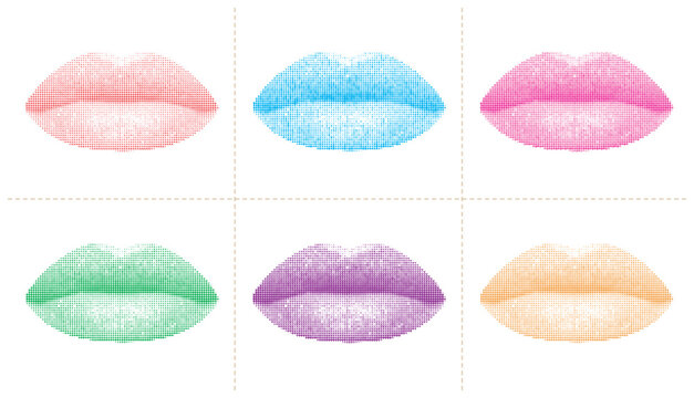 Set of colorful halftone lips vector illustration collection for makeup beauty design.