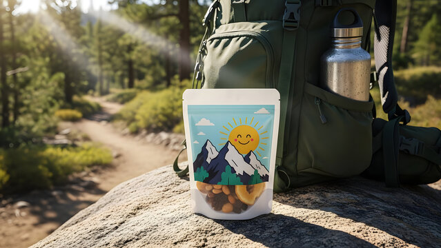 Snack pouch product mockup on rocky hiking trail with backpack and water bottle adventure lifestyle