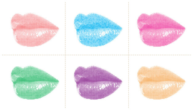 Set of six pop art style lips in vibrant colors as a halftone dot pattern vector.