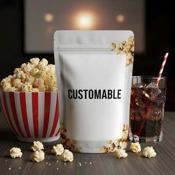 Modern snack pouch mockup placed near popcorn bowl and soda glass in cozy movie night