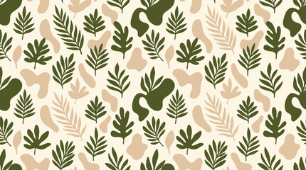 Fototapeta premium Organic botanical leaf pattern with beige and green shapes for natural textile wall design.