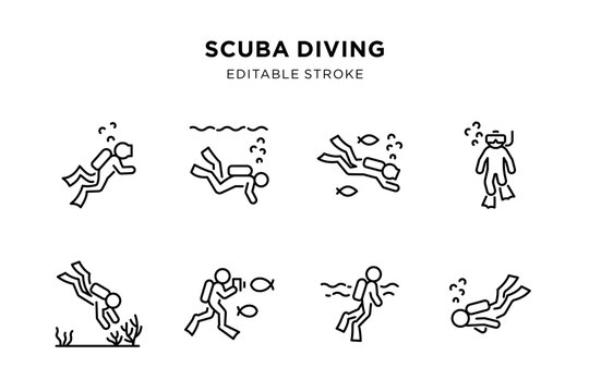 Scuba diving outline icon set with editable stroke