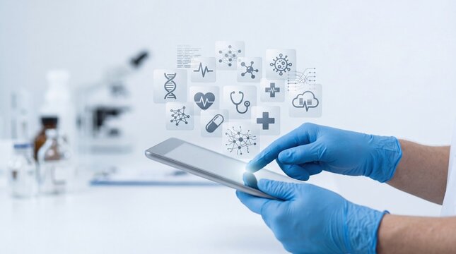 Medical researcher using digital tablet with healthcare icons in laboratory, telemedicine concept, scientific innovation, doctor analyzing patient data, molecular biology and ge...