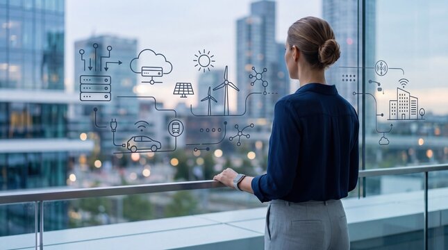 Woman viewing smart city infrastructure hologram including servers cloud computing electric vehicles and renewable energy sources through office window skyline