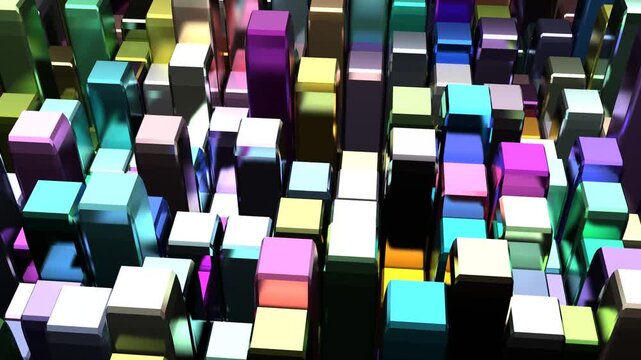 Colorful mesmerizing hypnotic shiny metallic reflective square pillars moving up and down 10 seconds seamless looping black background animation screensaver visualizer hd video