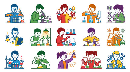 Fototapeta premium Kids Science Experiments Flat Cartoon Illustrations Set. Diverse Children Learning Chemistry and Biology in Lab.