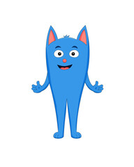 Cute Blue Cartoon Cat Mascot Character Standing with Open Arms, Flat Transparent Background.