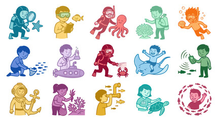 Obraz premium Children Exploring Ocean Life and Science with Fun Flat Illustrations