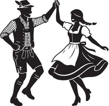 Black silhouettes of a happy dancing couple in traditional german costumes, enjoying a folk dance together.