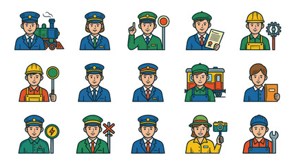 Fototapeta premium Railway and Train Workers Avatars Vector Set. Flat Outline Icons of Public Transport Staff.