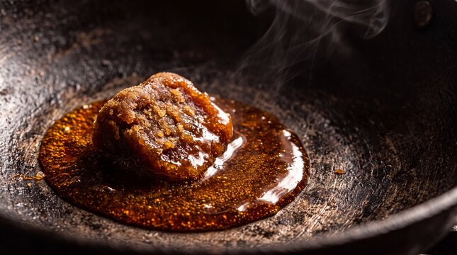 Soft jaggery gur piece melting into glossy amber pool in dark iron karahi macro
