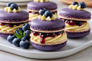 Fototapeta premium Blueberry macaroons with cream, jam, and fresh berries