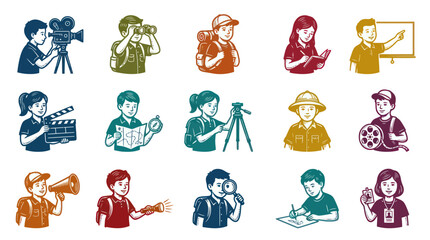 Obraz premium Vintage Line Art Illustration Set of Children Exploring, Learning, and Envisioning Professions