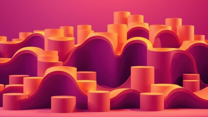 Fototapeta premium Abstract landscape. Smooth curves, cylindrical forms, vibrant pinks, oranges create dynamic composition. Modern digital art.