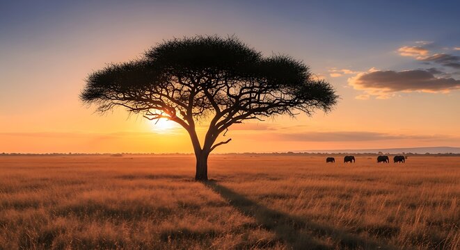Iconic acacia tree silhouette in the African savanna at sunset.
