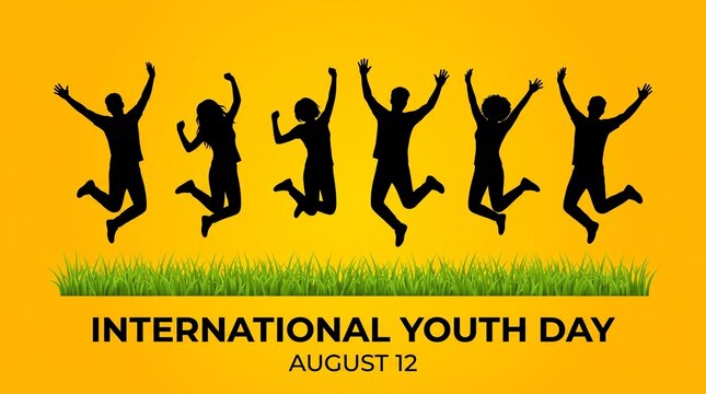 International Youth Day Vector Poster with Jumping People Silhouettes, August 12 Celebration Banner on Yellow Background with Green Grass