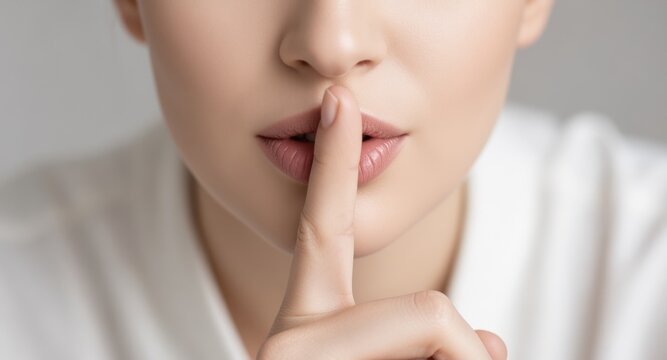 Young woman pressing index finger to lips calling for silence, shh sign. Woman demonstrating silence gesture touching finger to lips.